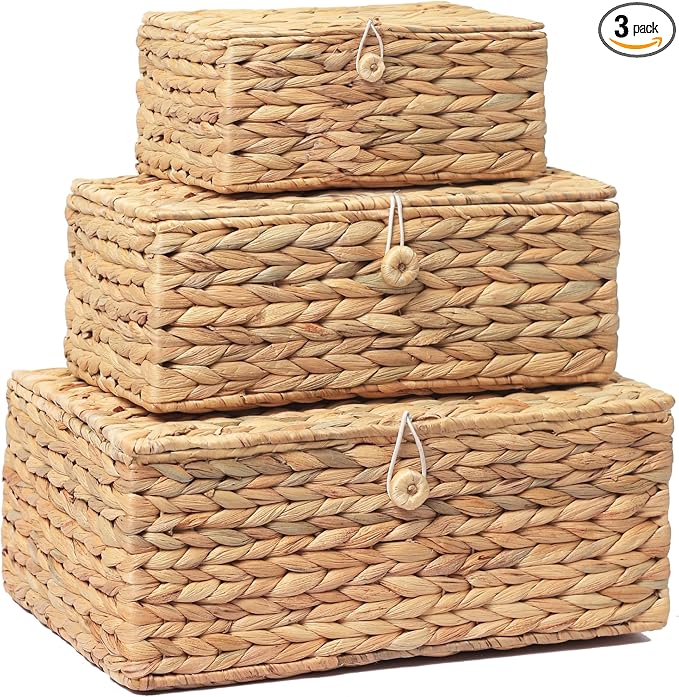 LUSYDECO Set of 3 Wicker Storage Baskets with Lid, Large Rectangular Rattan Basket Decorative Boxes, Natural Water Hyacinth Wicker Basket for Shelf Organizer, Nursery Room