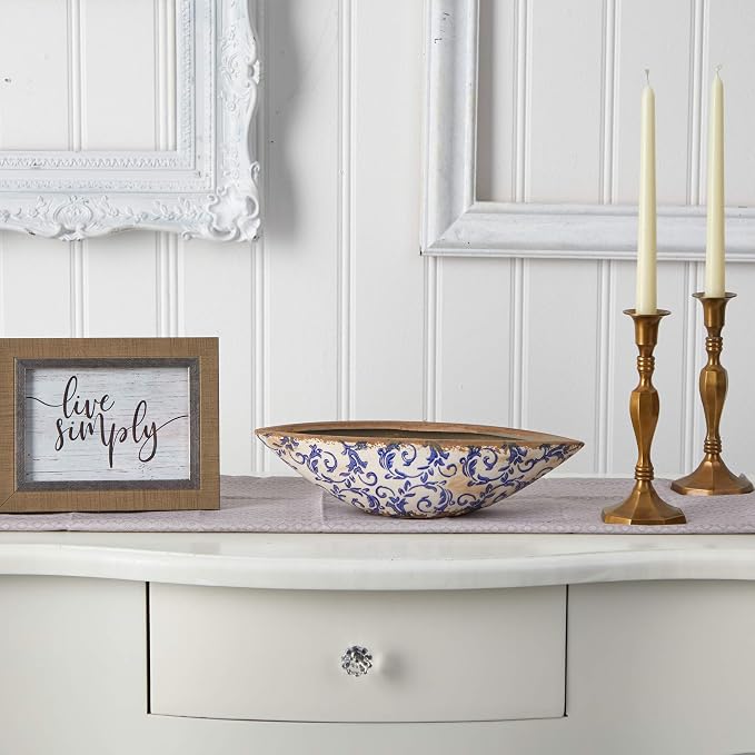 13in. Tuscan Ceramic Blue Scroll Decorative Bowl