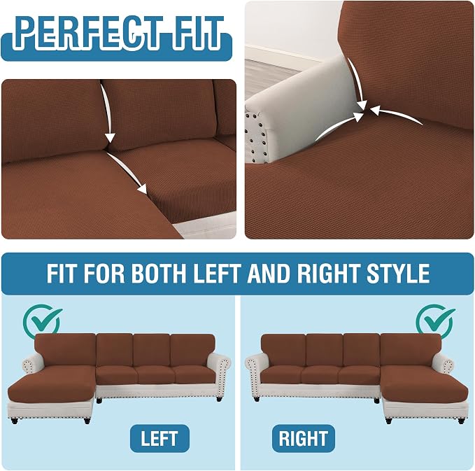 H.VERSAILTEX Sectional Couch Covers 8 Pieces Stretch Sofa Covers for Sectional Sofa Set Separate L Shaped Couch Cover for Both Left/Right Couch (Seat and Back: 1 Chaise + 3 Sofa, Caramel)