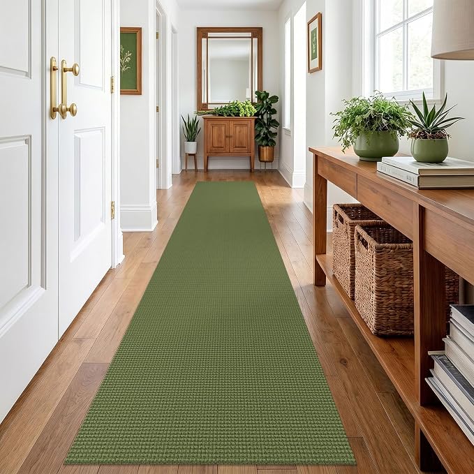 IOHOUZE Washable Runner Rug 2x12 Non Slip Rubber Backed Extra Long Hallway Runner Entryway Runner Indoor, Kitchen Rugs Woven Cotton Floor Carpet for Hall Entrance, Olive Green/Earthy Green