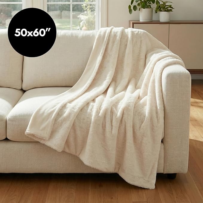 Americanflat Faux Fur Throw Blanket - Luxury 50x60 Extra Soft Plush Rabbit Fur, Reversible & Machine Washable Cozy Throw for Bed, Couch, Sofa, or Living Room Decor - Ivory, Cream, White