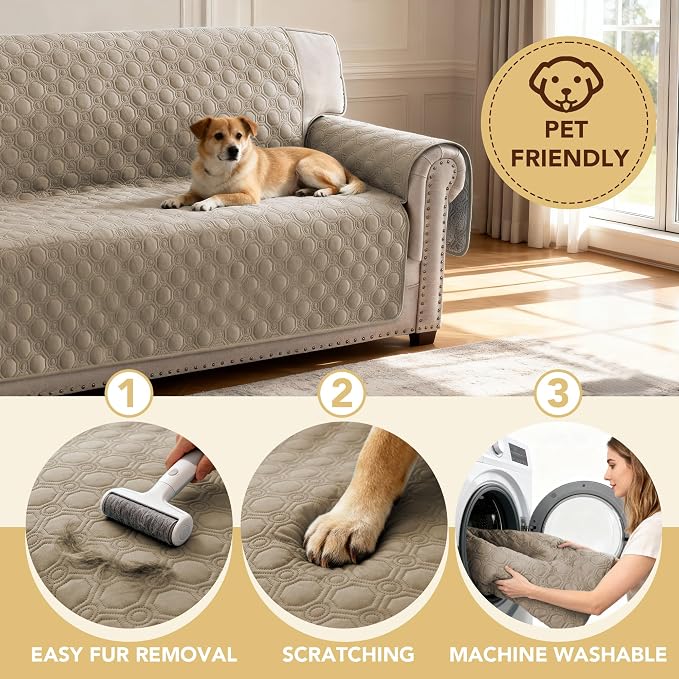 H.VERSAILTEX 100% Waterproof Couch Cover for Dogs Washable Triple Non-Slip Armchair Slipcover Thick Durable Sofa Protector with Storage Pocket (Chair, Taupe)