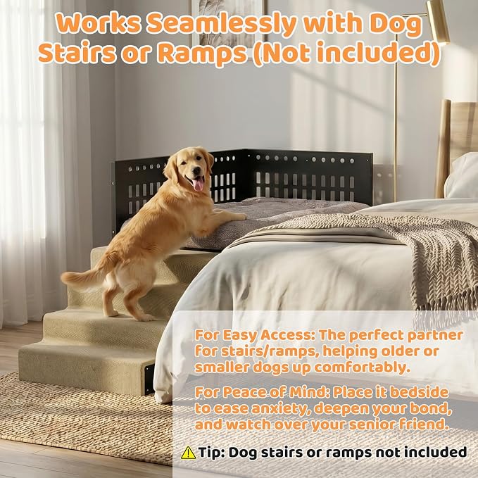 Beside Dog Bed,2 Panels Adjustable Height Dog Bunk Beds,47.2”x30.7” Metal Frame & Cushion, Converts to Bunk Bed or Bed Extension Attachment for Human Bed, for Large Breeds