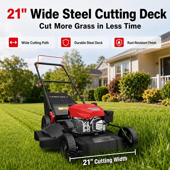 AMERISUN 21" 144cc 4-Cycle OHV Gas Push Lawn Mower,3-in-1 Walk-Behind Mower | Lightweight design with 6 height settings. Mulching, side discharge and rear bag system for backyard yard maintenance