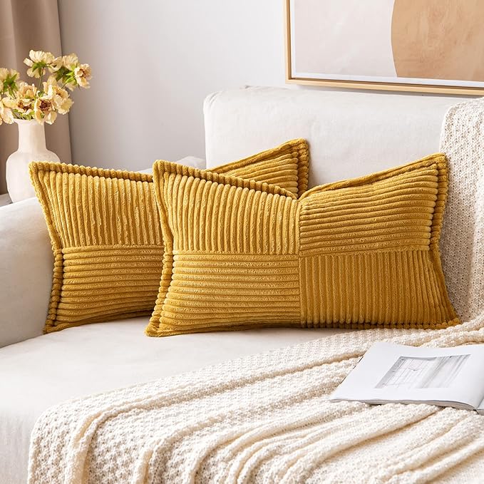 MIULEE Decorative Lumbar Throw Pillow Covers for Couch Bed Livingroom 12x20 Inch Set of 2 Fall Mustard Yellow Boho Accent Throw Pllows Broadside Striped Patchwork Soft Corduroy Pillowcases