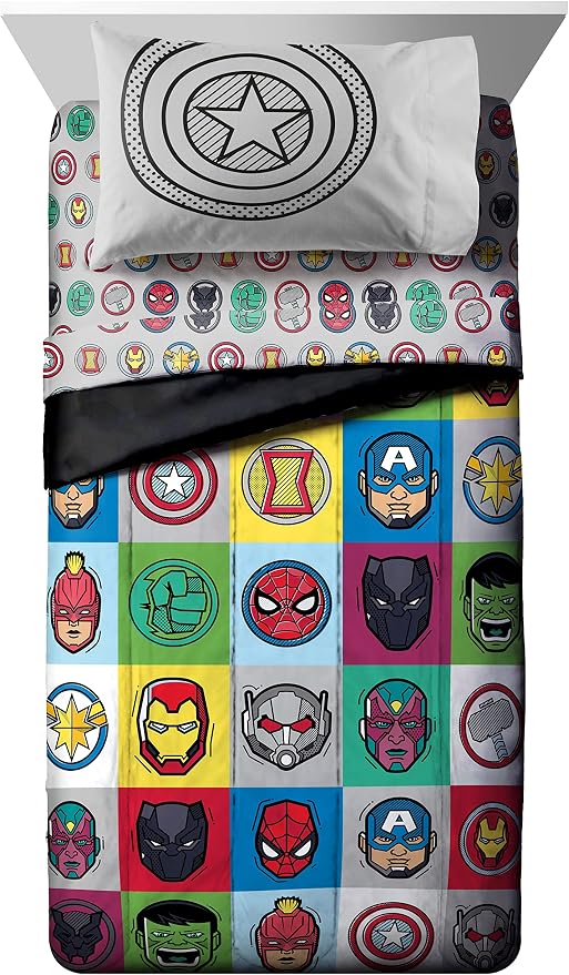 Marvel Avengers Iron Man Twin Comforter Set 5 Piece Kids Bedding, Multi | Hulk Captain America Thor, Bed in a Bag, Comforter Sheets Sham Pillowcase, Soft Microfiber, Machine Washable, Boys Gift