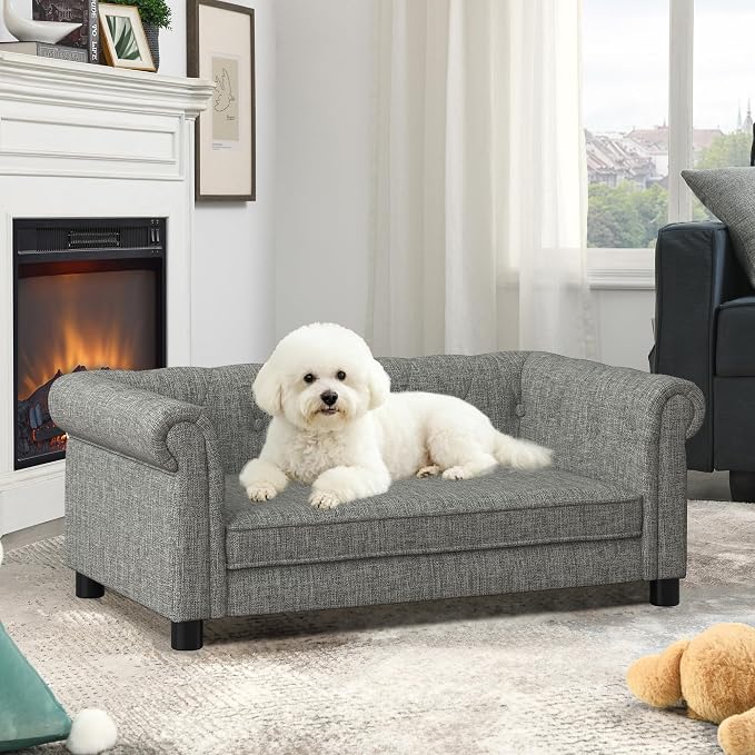 Dog Sofa Couch for Medium Dogs, Memory Foam Dog Bed with Washable Fabric, Durable Elevated Pet Sofa Couch with Legs, Removable Cushion for Medium Dogs, Light Grey