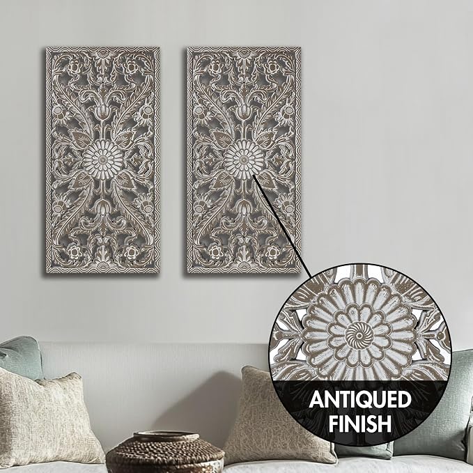 Madison Park Wall Décor for Living Room - Botanical Panel, Home Accent Modern Kitchen Dining Decoration, Ready to Hang 2-Piece Distressed Carved Wood Panel Set for Bedroom, 15.75"W x 31.50"H, Antique Green