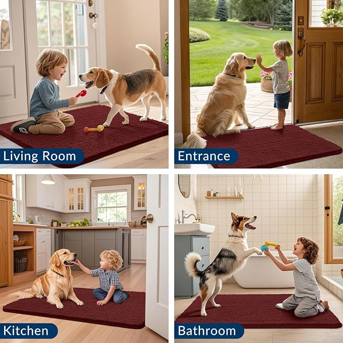 Smiry Dog Door Mat for Muddy Paws 30x20, Absorbent Dirt Trapper, Non-Slip Washable Chenille Entryway Rug for Inside Floor, Caramel Russet, Classic Solid