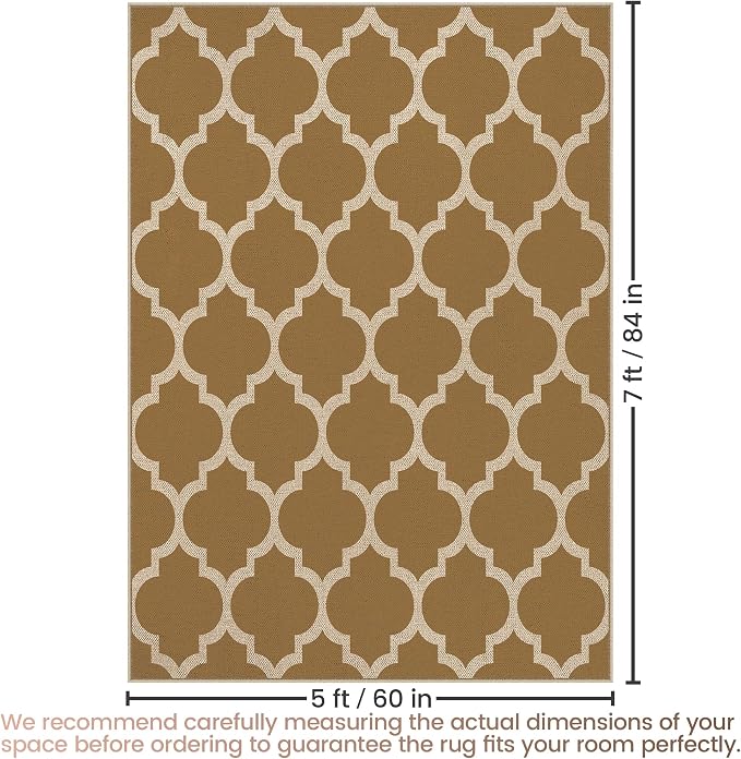 Washable 5x7 Moroccan Trellis Easy Jute Rug for Livingroom, Khaki Neutral Boho Outdoor Indoor Patio Large Area Rugs, Woven Ultra Thin Non Slip Carpet Mat for Backyard Kids Bedroom Classroom Playroom