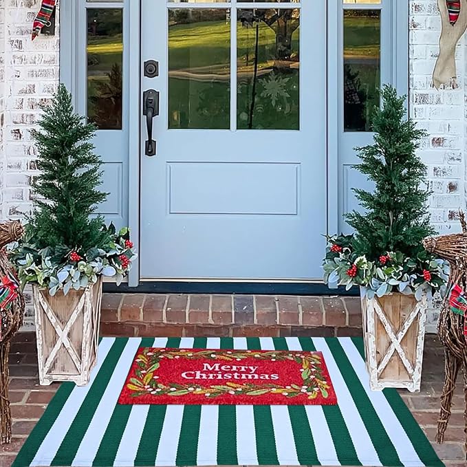 Green and White Striped Outdoor Rug St. Patrick's Day Rug 27.5'' x 43'' Spring Doormat Layered Welcome Mat for Farmhouse Easter Spring Front Porch Entryway Decor