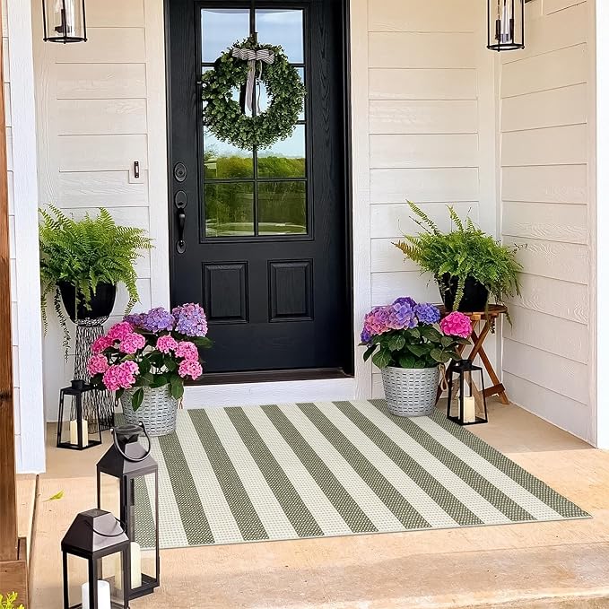 OJIA Outdoor Rug 3'x5' Washable Entryway Rugs Front Door Mat Porch Rug | Cotton Woven Fall Door Mat Front Door Rug Small Area Rug Outdoor Doormat for Porch Decor Kitchen Patio Bathroom Green/White