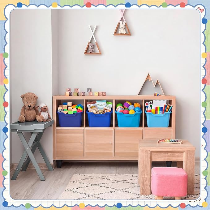 Dandat 32 Pcs Plastic Book Bins for Classroom Library Cubby Bins Scoop Front Stackable Toy Storage Tubs Containers for School Office Home Nursery Playroom Organization (Blue Series)