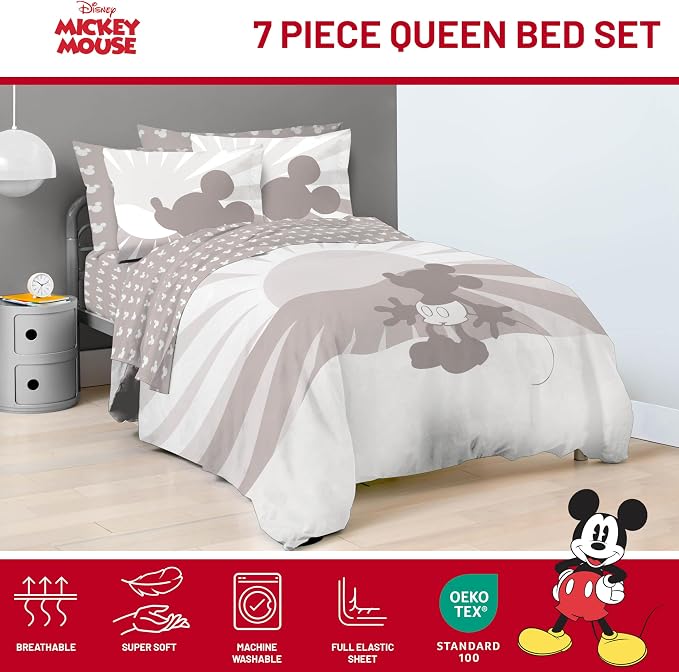 Disney Mickey Mouse Queen Comforter Set 7 Piece Cartoon Bedding, Grey | Bed in a Bag, Comforter Sheets Shams Pillowcases, Official Product, Soft Microfiber, Machine Washable, Kids Gift