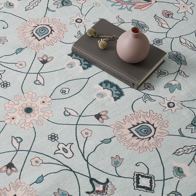 EVERGRACE Area Rugs for Living Room 4x6, Boho Floral Faux Wool Indoor Outdoor Rugs, Washable Rugs for Bedroom Entryway Dining Room Hallyway, Low Pile Floor Mat Carpet for Home Decor, Pale Blue