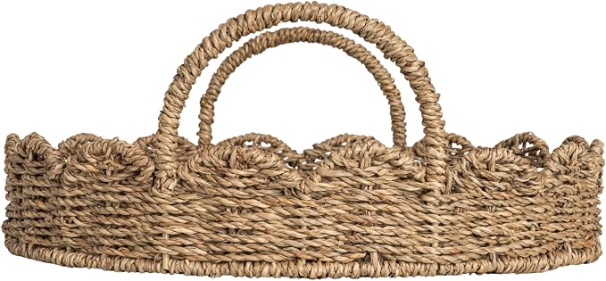 Household Essentials Round Handwoven Seagrass Tray with Scalloped Edge and Handles, Natural