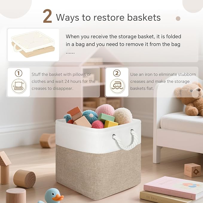 FinishingBo 11 inch Cube Storage Bin with Handles 6 Pack | Foldable Basket, Fabric Storage Bins, Closet Storage, Home Organizer (White/Khaki)