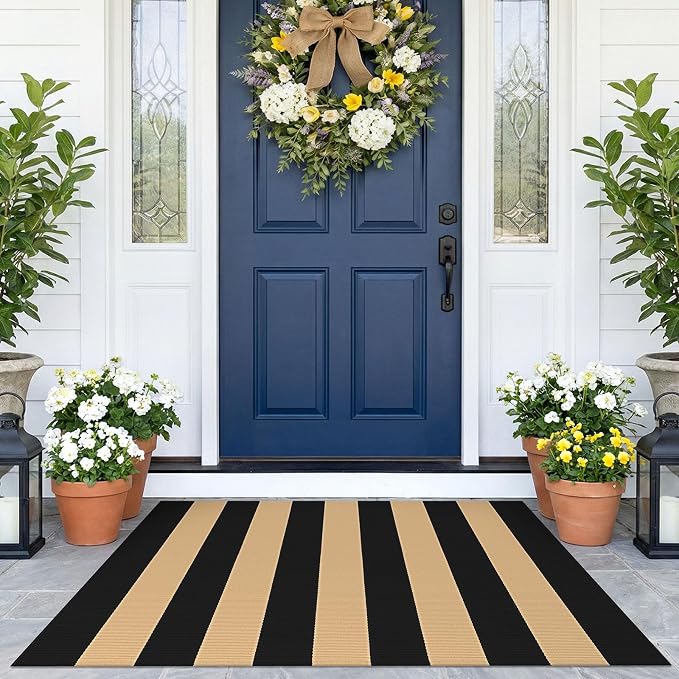 KOZYFLY Striped Rug 2.3x3.6 ft Front Door Mat Brown and Black Cotton Woven Washable Indoor Outdoor Rug for Entryway Porch Kitchen Patio Decor Small Area Rugs