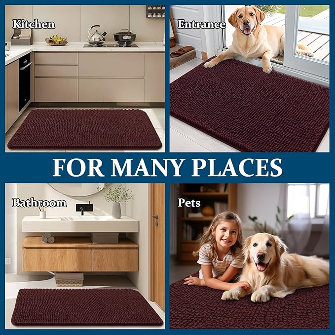 OLANLY Dog Door Mat for Muddy Paws 35x24, Absorbs Moisture and Dirt, Absorbent Non-Slip Washable Doormat, Quick Dry Chenille Mud Mat for Dogs, Entry Indoor Entryway Carpet for Inside Floor, Russet