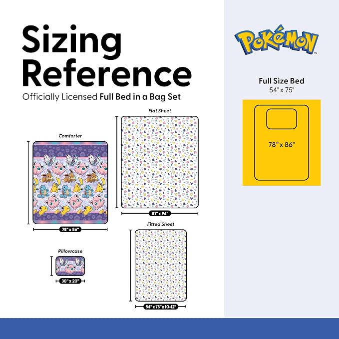 Northwest Pokemon Friendly Battle Full Size Bed in a Bag Set, Pikachu Eevee Jigglypuff Squirtle, Kids Boys Girls Bedding Comforter Sheets