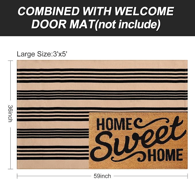 LEEVAN 3'X5' Black and Tan Striped Woven Cotton Reversible Outdoor Rug | Small Machine Washable Front Porch Rug, Entryway Door Mat, Indoor Layering Carpet for Farmhouse Bathroom Laundry