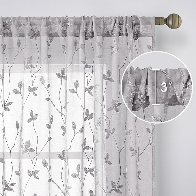 HOMEIDEAS Light Grey Sheer Curtains 52 X 96 Inches Length 2 Panels Embroidered - Image 4
