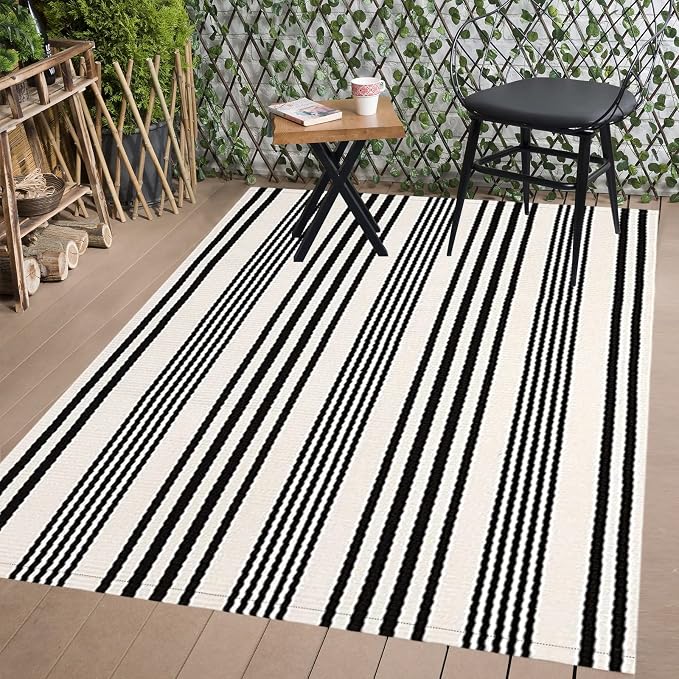 BUAGETUP Black and White Striped Outdoor Patio Rug 4' x 6',Hand Woven Cotton Patio Rug Front Porch Rug Indoor Outdoor Area Rug for Bedroom/Living/Room/Patio