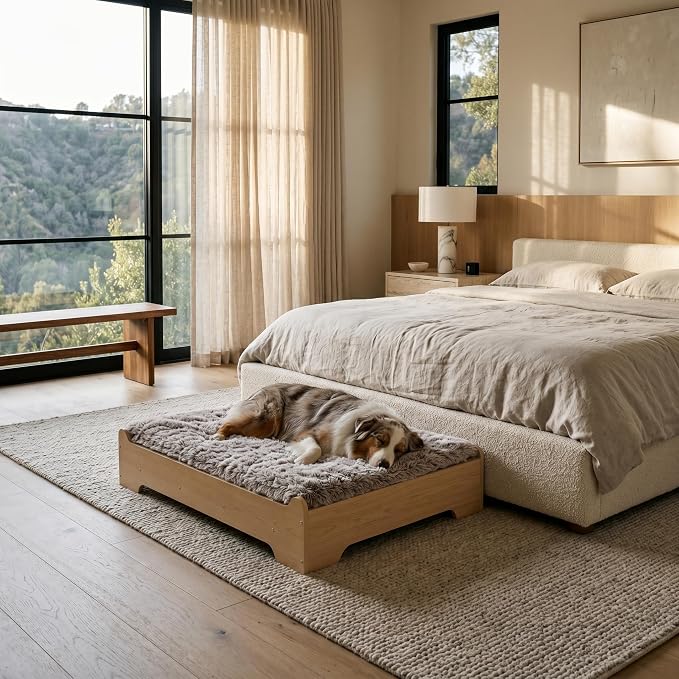Elevated Wooden Dog Bed with Foam Mattress, Natural Wood, Small | Raised Dog Bed with Washable Cover and Supportive Foam Mattress, Crafted for Small Dogs and Modern Homes