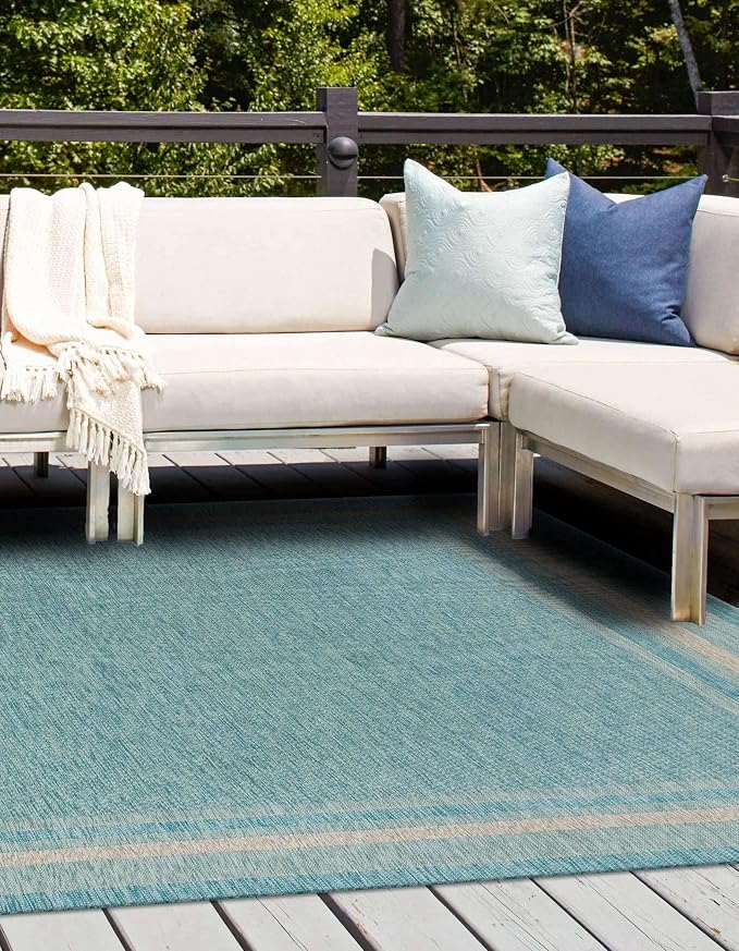 Unique Loom Outdoor Border Collection Area Rug - Soft Border (13' Square, Aquamarine/ Ivory)