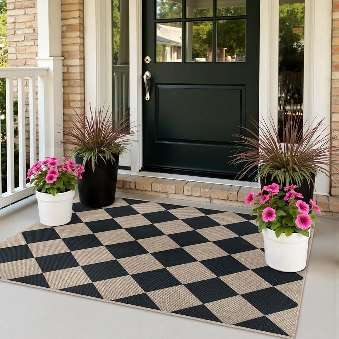 Rugalia Easy Jute Small Outdoor Patio Rug, 3x5 Black Checkered Entryway Rug Washable Modern Diamond Kitchen Rugs, Non-Slip Neutral Farmhouse Throw Carpet for Living Room Porch Backyard