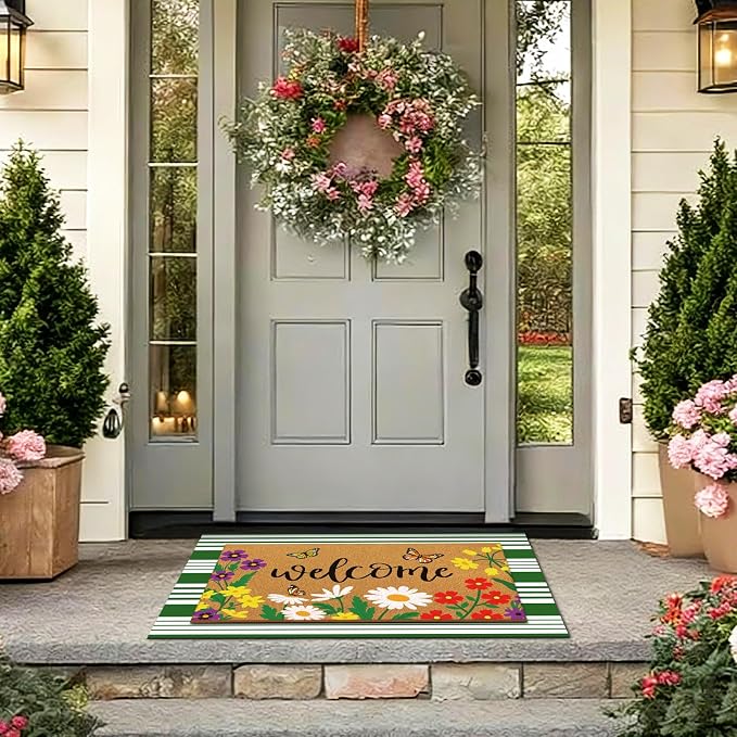 Tinideya 2 Pcs Door Mat Welcome Non Slip Coir Mats Floor Layering Doormats Seasonal for Front Porch Entryway Decor(Spring Flowers)
