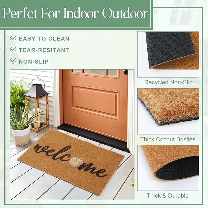 2 Pcs Outdoor Door Mat Combo Set Layered Outdoor Rug and Coir Welcome Doormat Non Slip Outside Floor Mat for Front Porch Entryway Patio Yard Decor(Green Daisy,24'' X 35'',24'' X 16'')