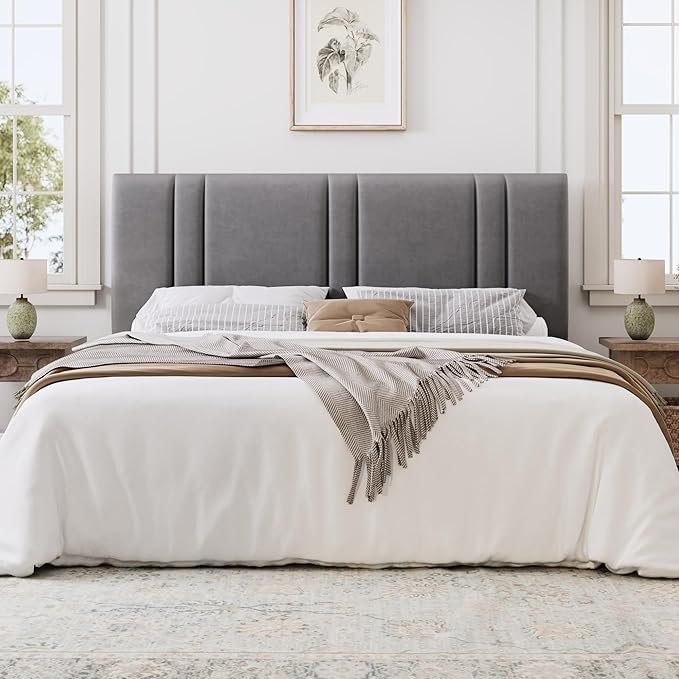 SHA CERLIN California King Bed Frame, Velvet Upholstered Bed with Adjustable Headboard, Vertical Channel Tufted Design, Sturdy Wood Slat Support, No Box Spring Needed, Easy Assembly, Grey