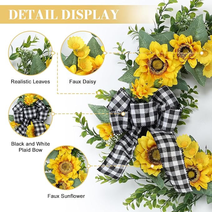 Garvee Summer Wreaths for Front Door, 18" Artificial Sunflower Wreath | Faux Greenery Wreath with Yellow Floral and Buffalo Check Bow, for Farmhouse Porch Window Wall Home Decor