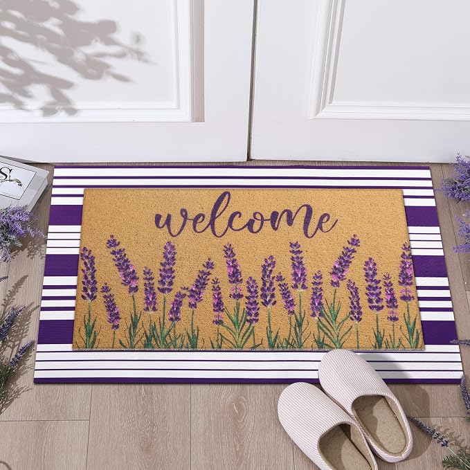 Tinideya 2 Pcs Lavender Door Mat Purple and White Stripe Welcome Non Slip Coir Mats Flower Floor Layering Doormats Seasonal for Front Porch Entryway Decor(Lavender)