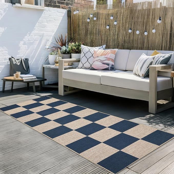 GarveeHome Easy Jute Rugs 2x8 Checkered Kitchen Runner Rugs Non Skid Washable Stain Resistant Indoor Outdoor Rugs for Living Room, Bedroom, Dining, Patio - Farmhouse Style Navy Blue