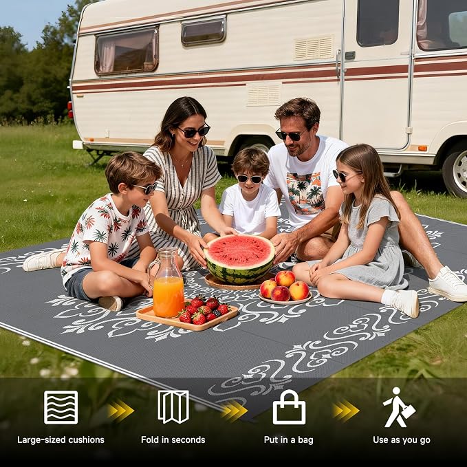Pauwer Outdoor Rug 6x9, Waterproof Plastic Straw Camping Rug, Floral Grey | Reversible Patio Rug, UV Resistant Indoor Outdoor RV Mat Carpet For Deck, Camper, Porch, Balcony, Backyard, Picnic, Foldable