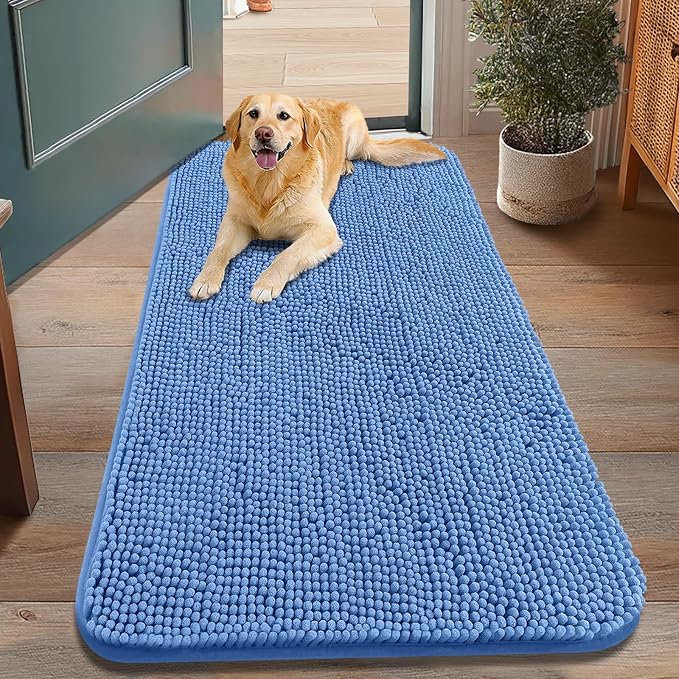 Smiry Dog Door Mat for Muddy Paws 48x30, Absorbent Dirt Trapper, Non-Slip Washable Chenille Entryway Rug for Inside Floor, Cornflower Blue, Classic Solid