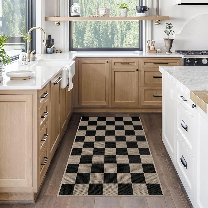 Rugalia Easy Jute Checkered Entryway Rug, 2.6x4 Black Modern Indoor Outdoor Doormat, Washable Non-Slip Neutral Kitchen Rug Farmhouse Checkerboard Throw Rugs for Entrance Bedroom Bathroom