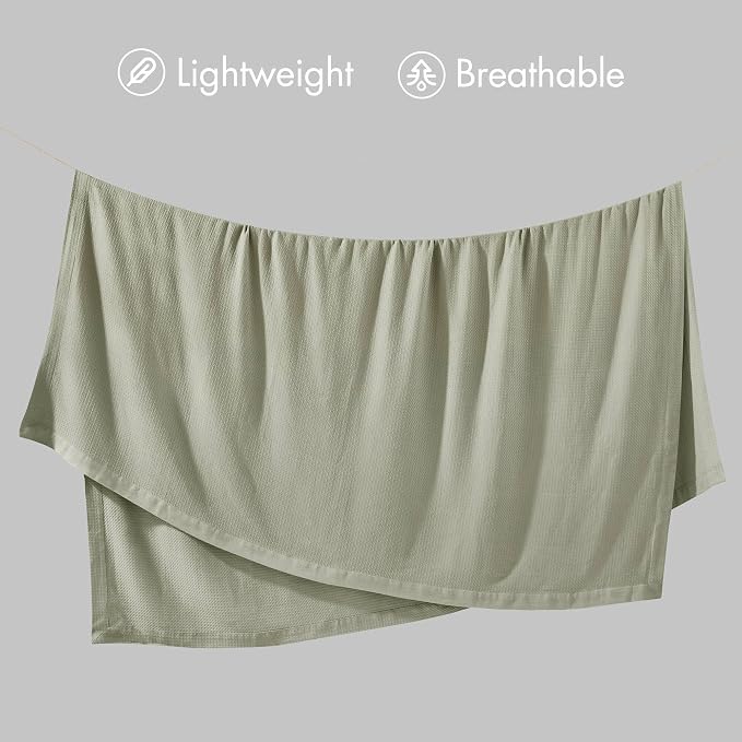Madison Park 100% Egyptian Cotton Twin Bed Blanket for Summer Sage Green | Cozy Soft Breathable Durable, Waffle Weave Woven Casual, Lightweight Knit All Season Throw for Bed Couch or Sofa, OEKO TEX