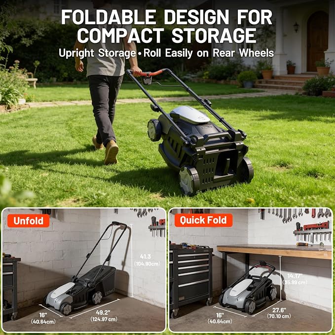 Litheli 40V(2X20V) Lawn Mower Cordless 16“, Battery Lawn Mower with Brushless Motor, 6 Adjusrable Cutting Heights, 50L Collection Bag & Mulching, 2 × 5.0 Ah Batteries & Charger Included
