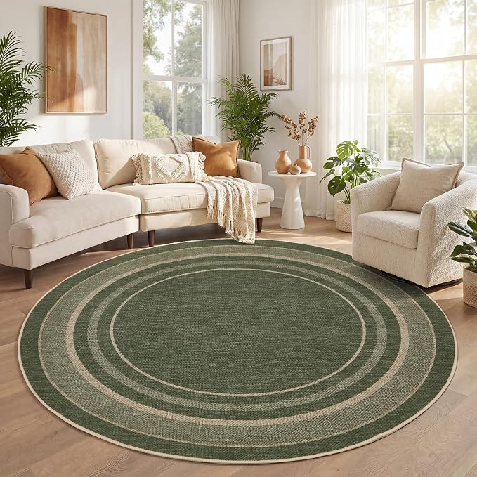 GarveeHome 6ft Washable Round Rug Large Bedroom Easy Jute Area Rugs | Modern Solid Non Slip Living Room Circle Rugs Stain Resistant Indoor Round Rugs for Kitchen Nursery Entryway, Green