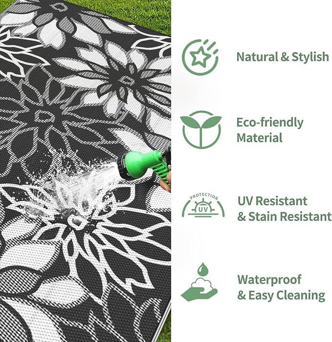 GENIMO Outdoor Rug, Waterproof Plastic Rugs for Patio, 6'x9' Black White | Outside Larger Leaf Carpet Mat for Porch Decor, Deck, Balcony, Camping, RV, Backyard, Picnic, Beach, Reversible, Foldable