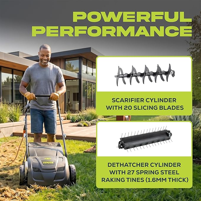 Sun Joe Electric Dethatcher & Scarifier, Corded, with 8-Gal Bag, 12.6-Inch Cutting Width, 12-Amp Motor - Heavy-Duty Yard Trimmer for Lawn Maintenance, AJ801E | 12.6-Inch Cutting Width, 12-Amp Motor - Heavy-Duty Yard Trimmer for Lawn Maintenance