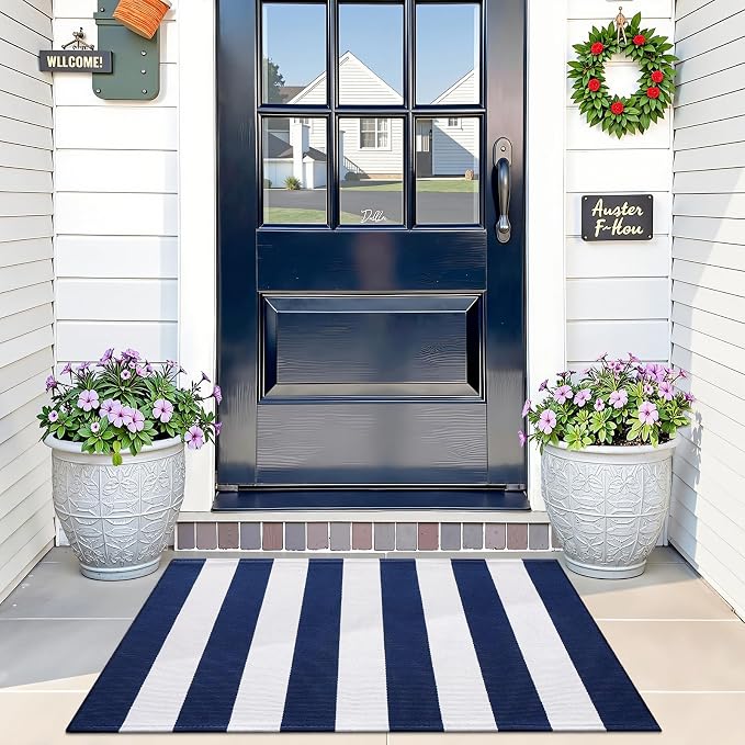 OLANLY Navy and White Striped Rug 2' x 3' (24" x 36") – Washable Cotton Indoor Outdoor Doormat for Front Door, Entryway, Kitchen, Porch, Patio Decor