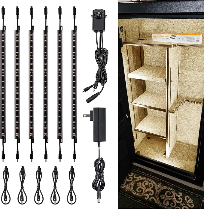 TORCHSTAR 6pcs 12 Inch LED Safe Lighting Kit, Motion Sensor, 3000K | UL Power Adapter, Input 100-240V, Linkable Gun Safe Light Bars, 900LM, for Under Cabinet Locker Closet Showcase, Warm White