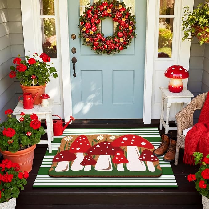 Tinideya 2 Pcs Mushroom Door Mat Welcome Non Slip Coir Mats Floor Layering Green and White Stripe Doormats Seasonal for Front Porch Entryway Decor(23.6 x 35.4 Inches, Mushroom, Green Red)