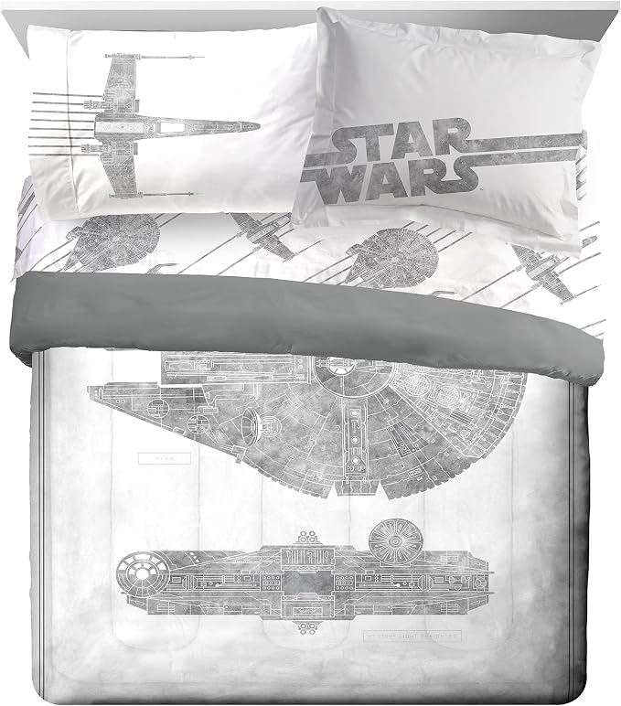 Star Wars Queen Comforter Set 7 Piece Soft Bedding for Boys, White | Millennium Falcon, Comforter Sheets Shams Pillowcases, Official Product, Soft Microfiber, Machine Washable, Boys Gift