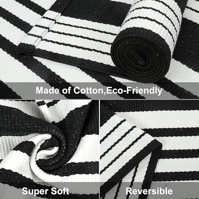 LEEVAN 3'X5' Black and White Striped Woven Cotton Reversible Outdoor Rug | Small Machine Washable Front Porch Rug, Entryway Door Mat, Indoor Layering Carpet for Farmhouse Bathroom Laundry