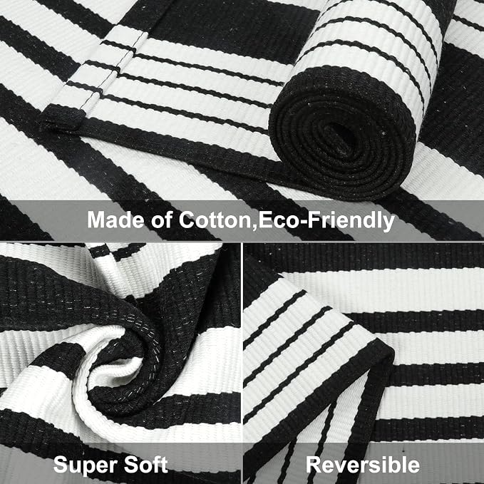 LEEVAN 2'X4.3' Black and White Striped Woven Cotton Reversible Outdoor Rug | Small Machine Washable Front Porch Rug, Entryway Door Mat, Indoor Layering Carpet for Farmhouse Bathroom Laundry